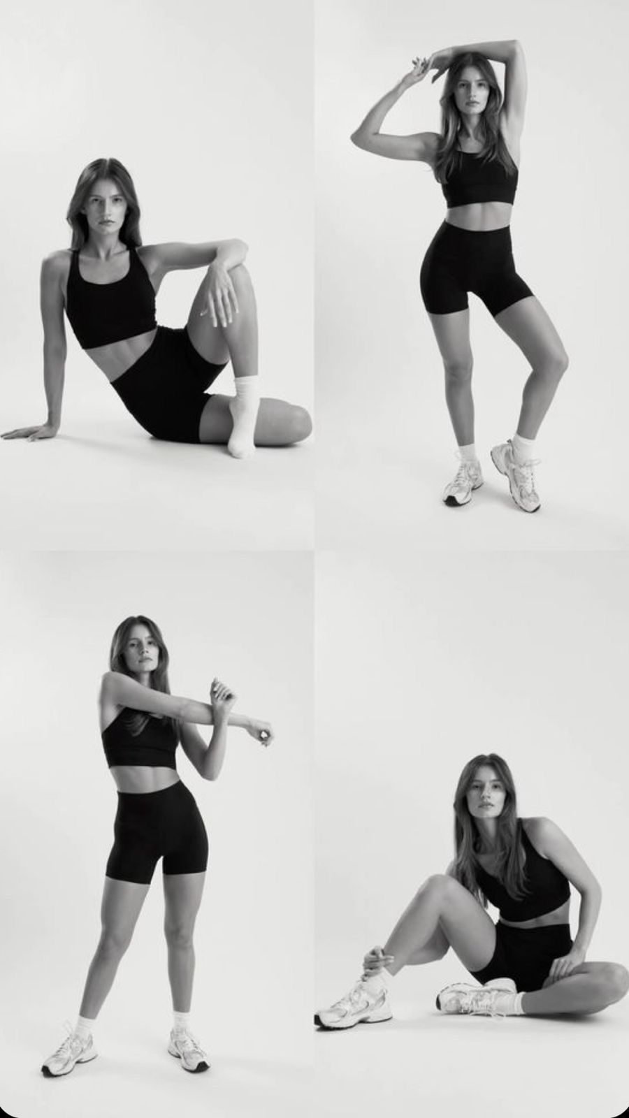 Black and white collage of a woman in athletic crop top and bike shorts posing in various fitness positions.