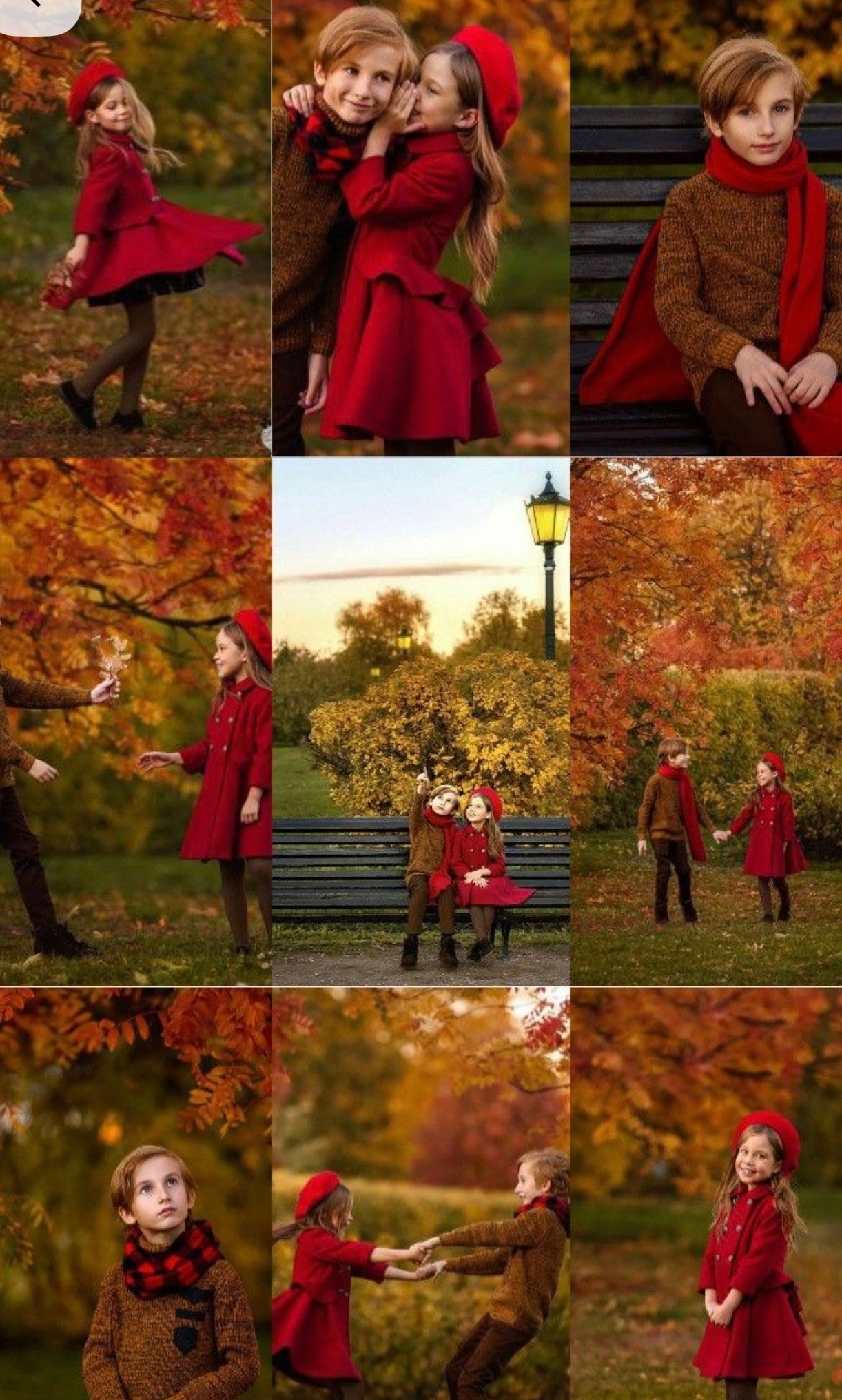 Autumn photoshoot in a park with vibrant red and brown clothing against a backdrop of golden fall foliage and leaves.