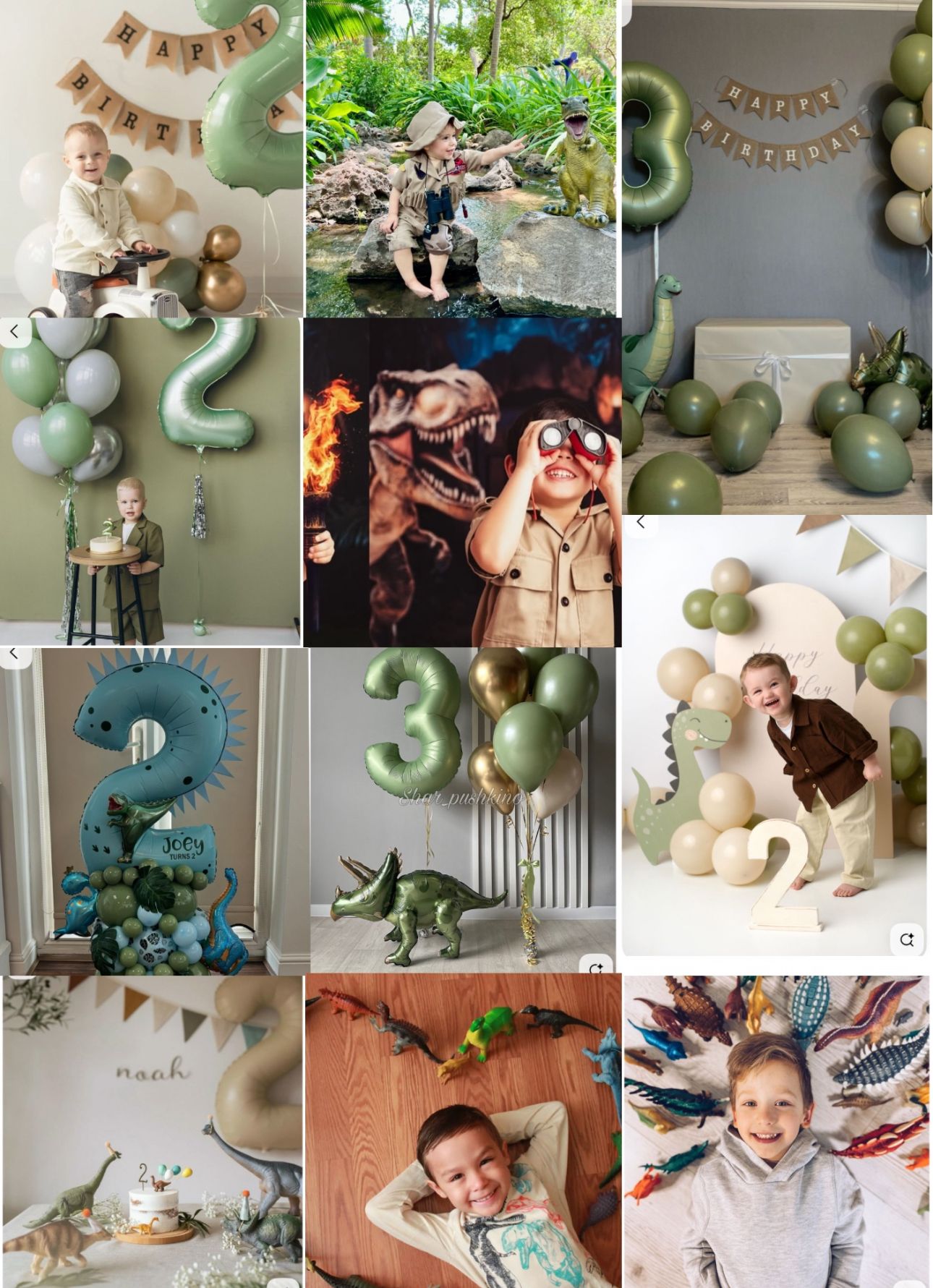 Dinosaur themed birthday party decorations featuring balloon arches and prehistoric party elements.