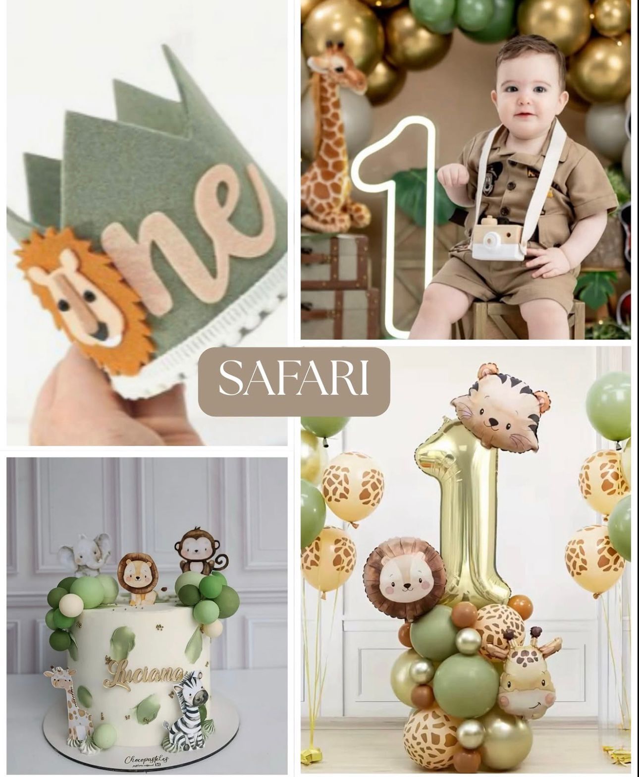 Safari themed first birthday party decor featuring balloon garlands in green and gold with giraffe and monkey accents.