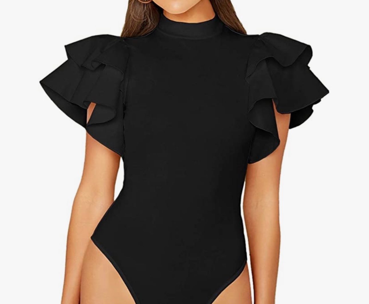 Black ruffle sleeve mock neck bodysuit with butterfly flutter sleeves and snap closure bottom.
