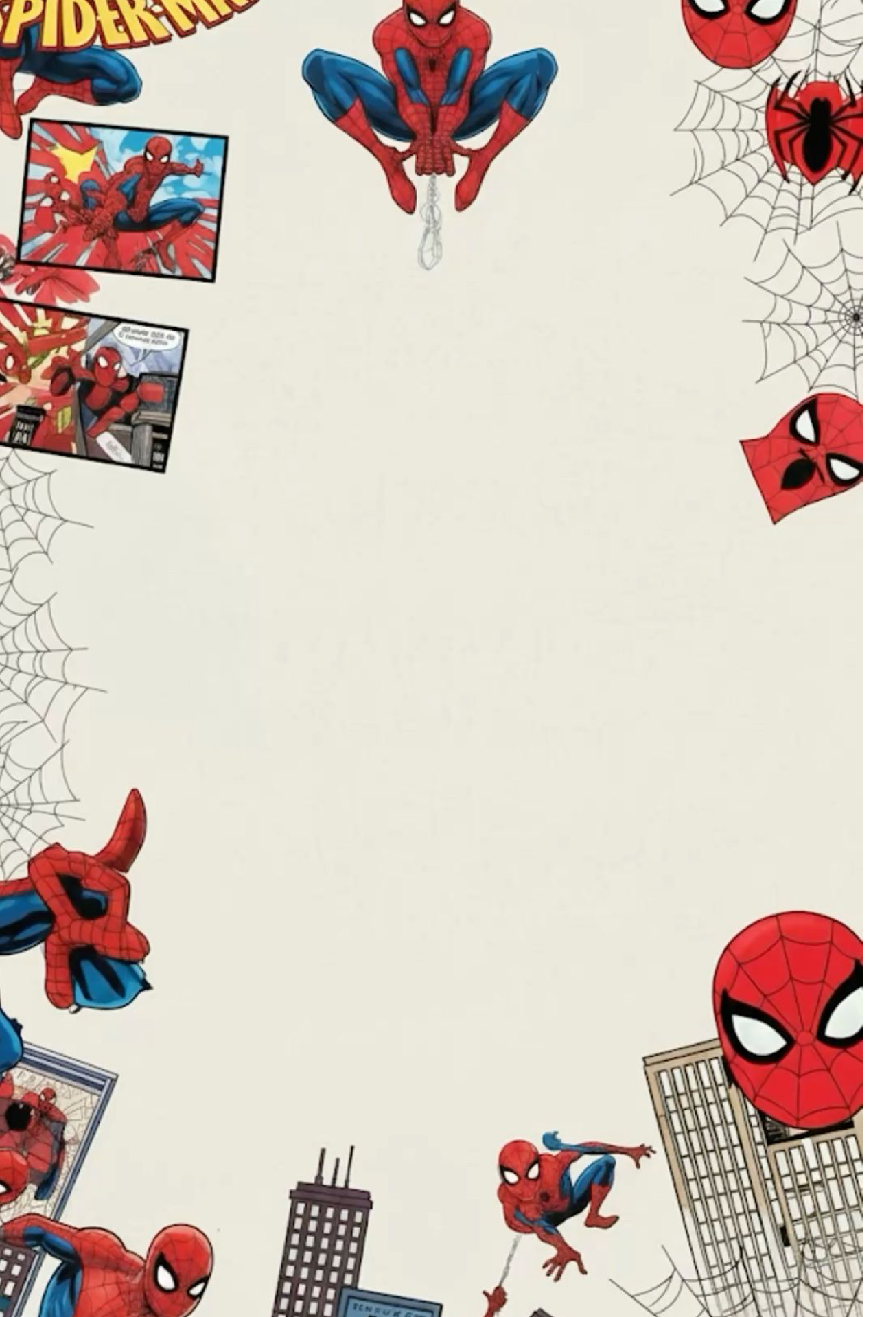 Spider-Man themed border design featuring comic panels, web patterns, and multiple poses of the Marvel superhero on a cream background.