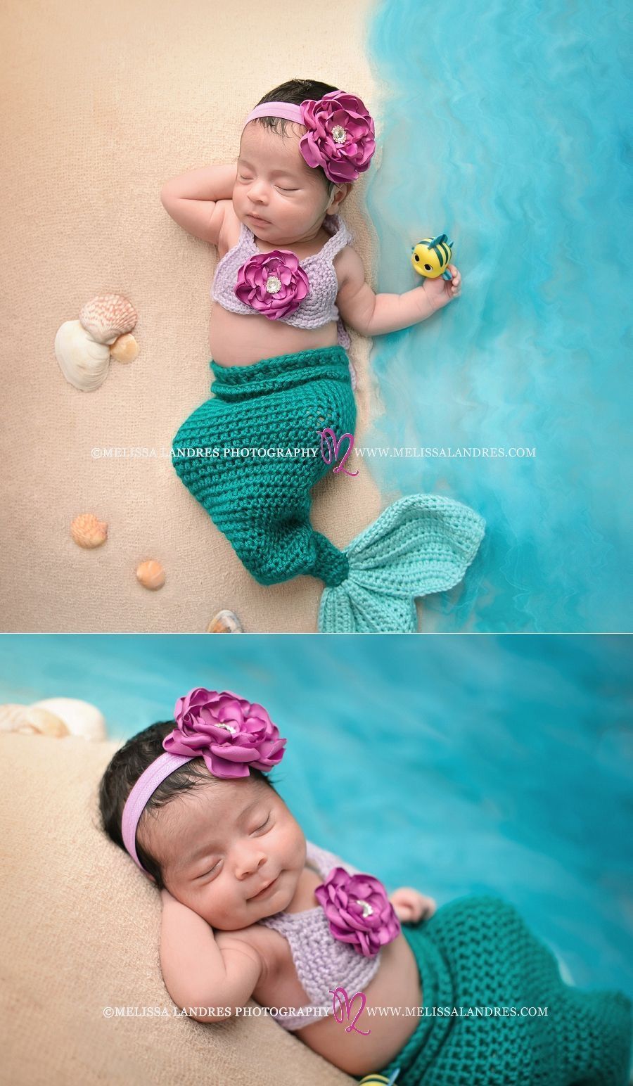 Newborn baby dressed in a crocheted mermaid costume with teal tail and purple floral headband in a beach-themed photo.
