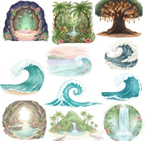 Watercolor sticker set featuring tropical waves, palm trees, waterfalls, caves, and lush jungle scenery in soft pastel tones.