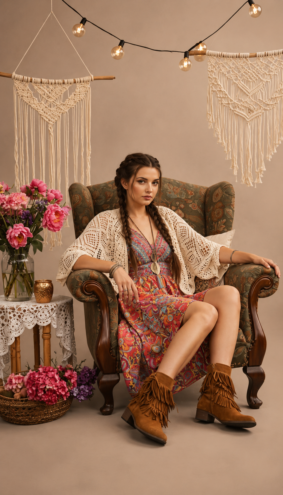 Woman in floral dress, crochet shawl, and fringe boots sits in vintage chair with boho macrame backdrop and pink flowers.