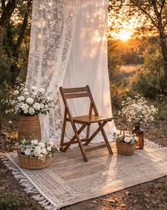 Rustic boho wedding setup with wooden folding chair, white floral baskets, lace curtain backdrop, and golden sunset glow.