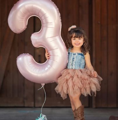 A smiling toddler girl in a tutu dress poses next to a large pink number 3 balloon for her birthday photo.
