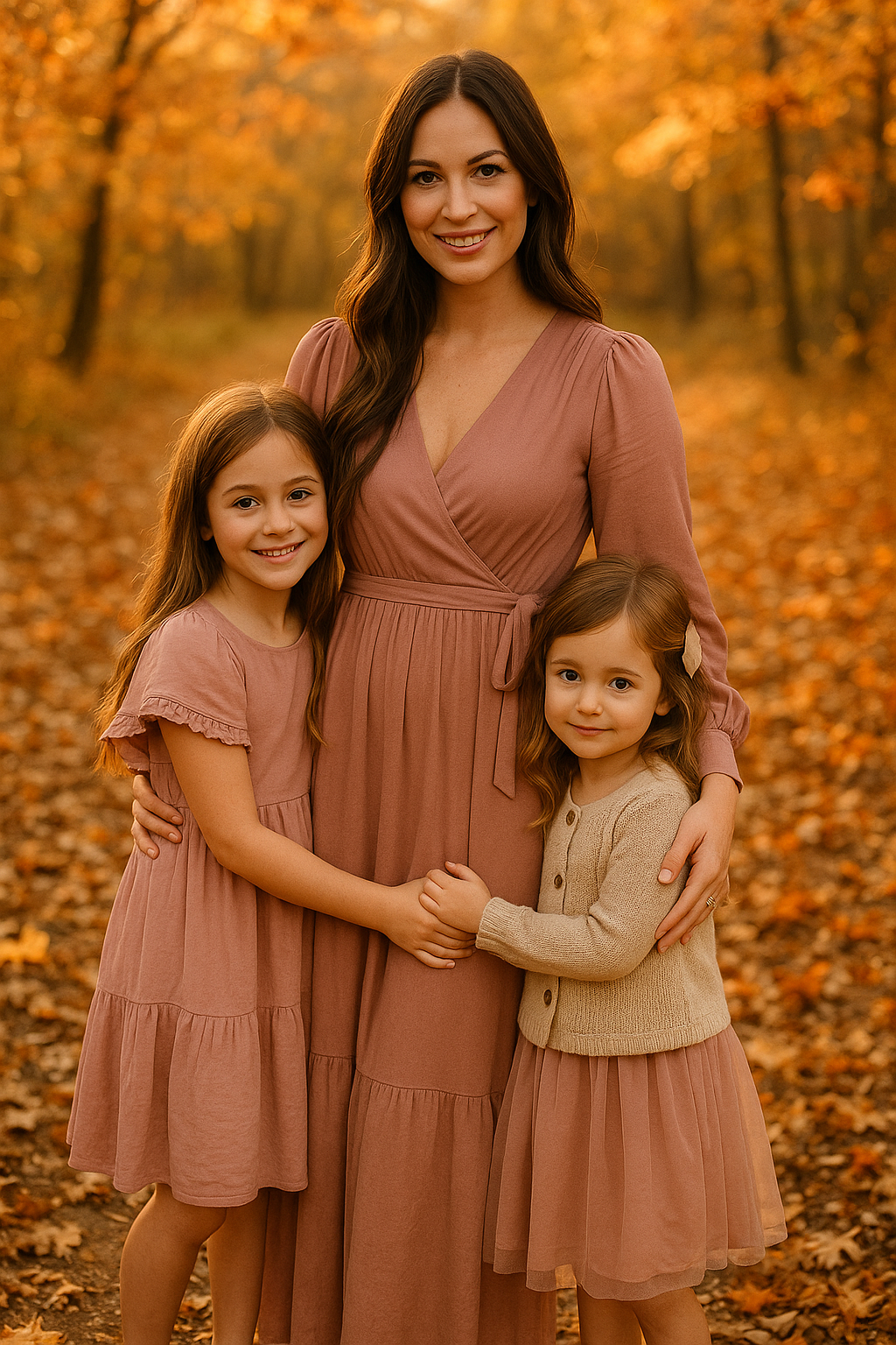 A family wearing dusty rose and beige dresses poses together among fallen autumn leaves at sunset.