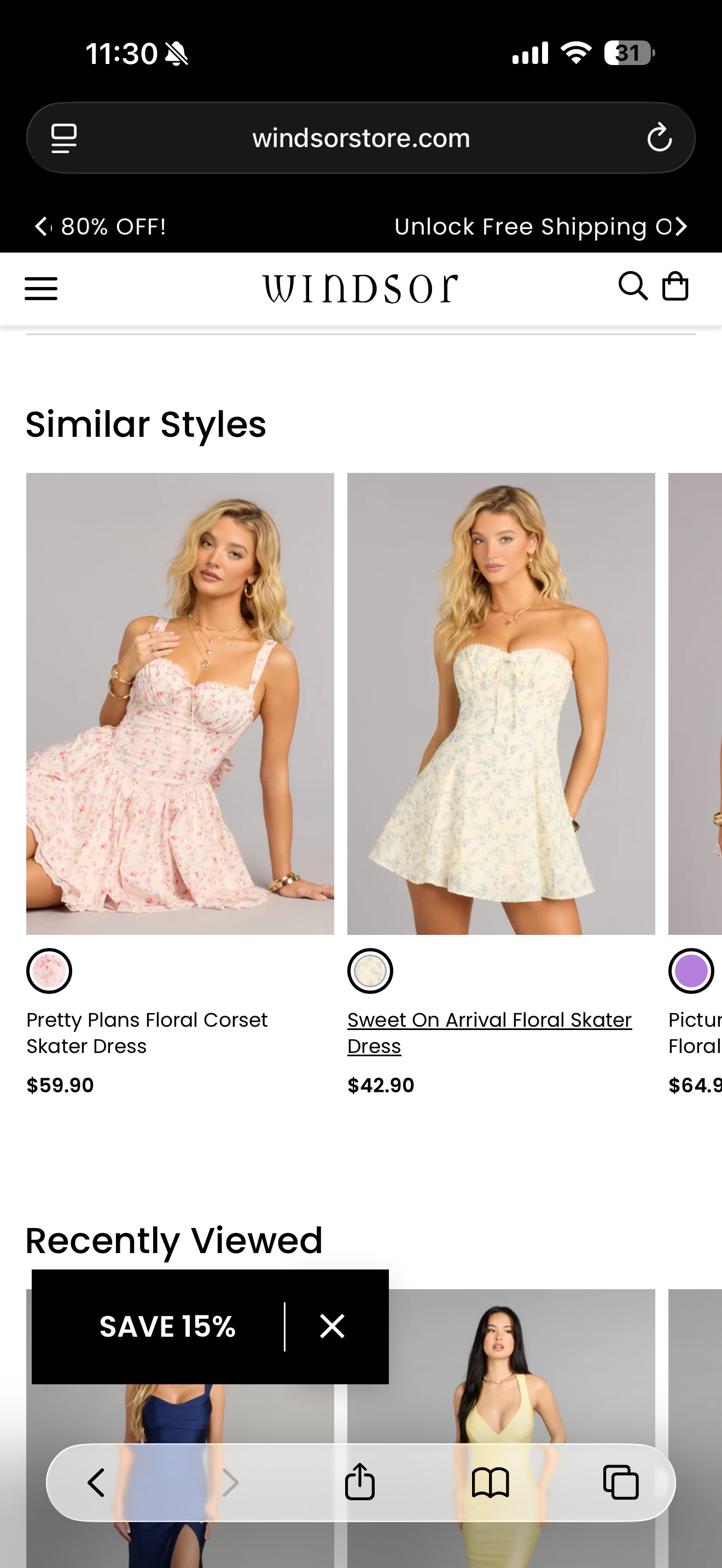 Fashion website showing similar styles section with floral dresses and skater dresses in pink and cream colors.