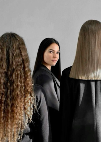 A side-by-side comparison shows straight and curly hairstyles in a black and white photo series.