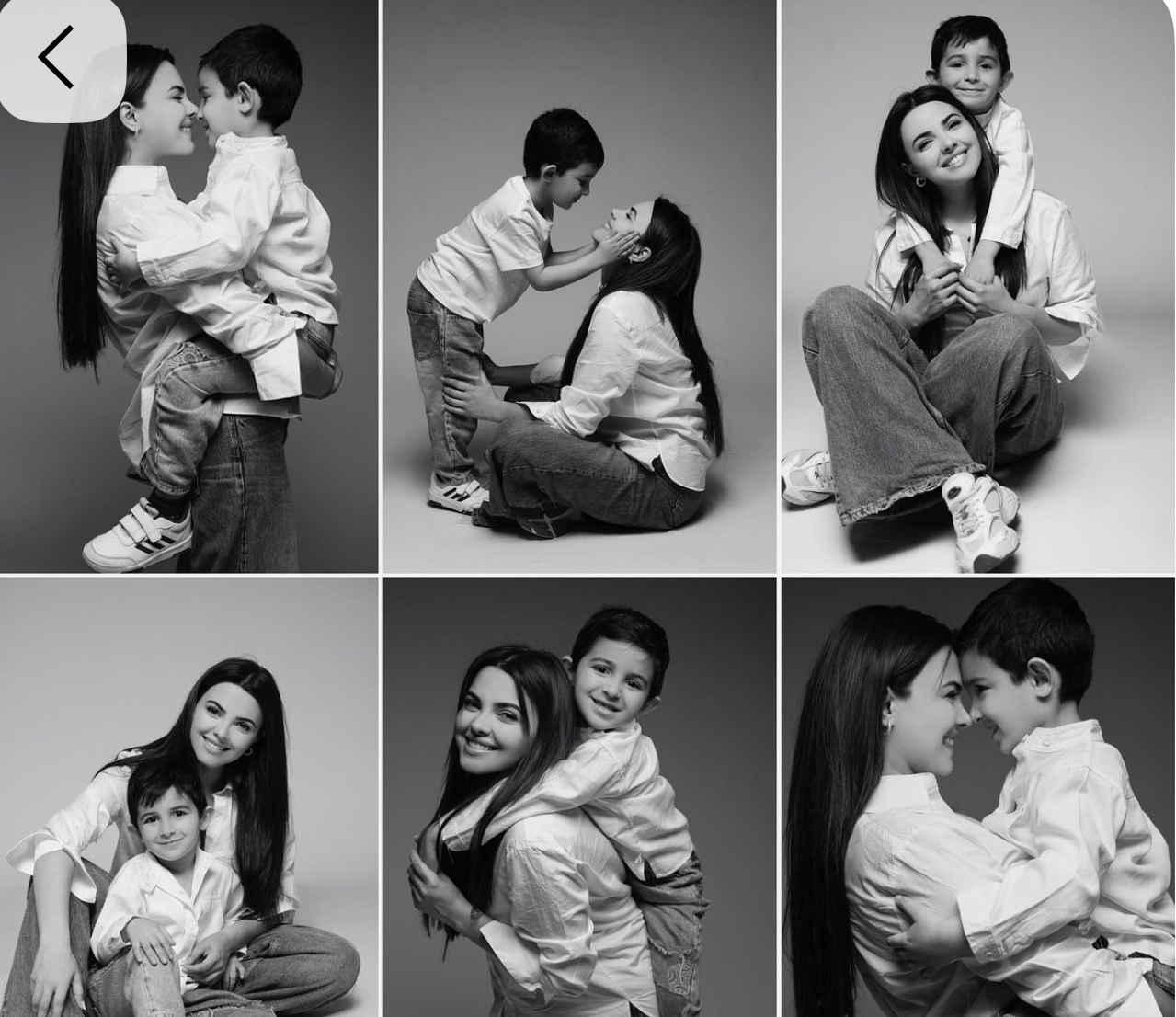 Black and white photo collage of a young woman and child sharing tender, playful moments in matching white hoodies.