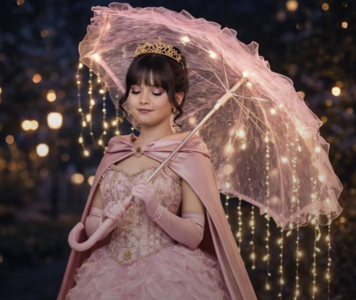 Young girl in pink quinceañera gown with lace umbrella and gold tiara poses elegantly among sparkling fairy lights.