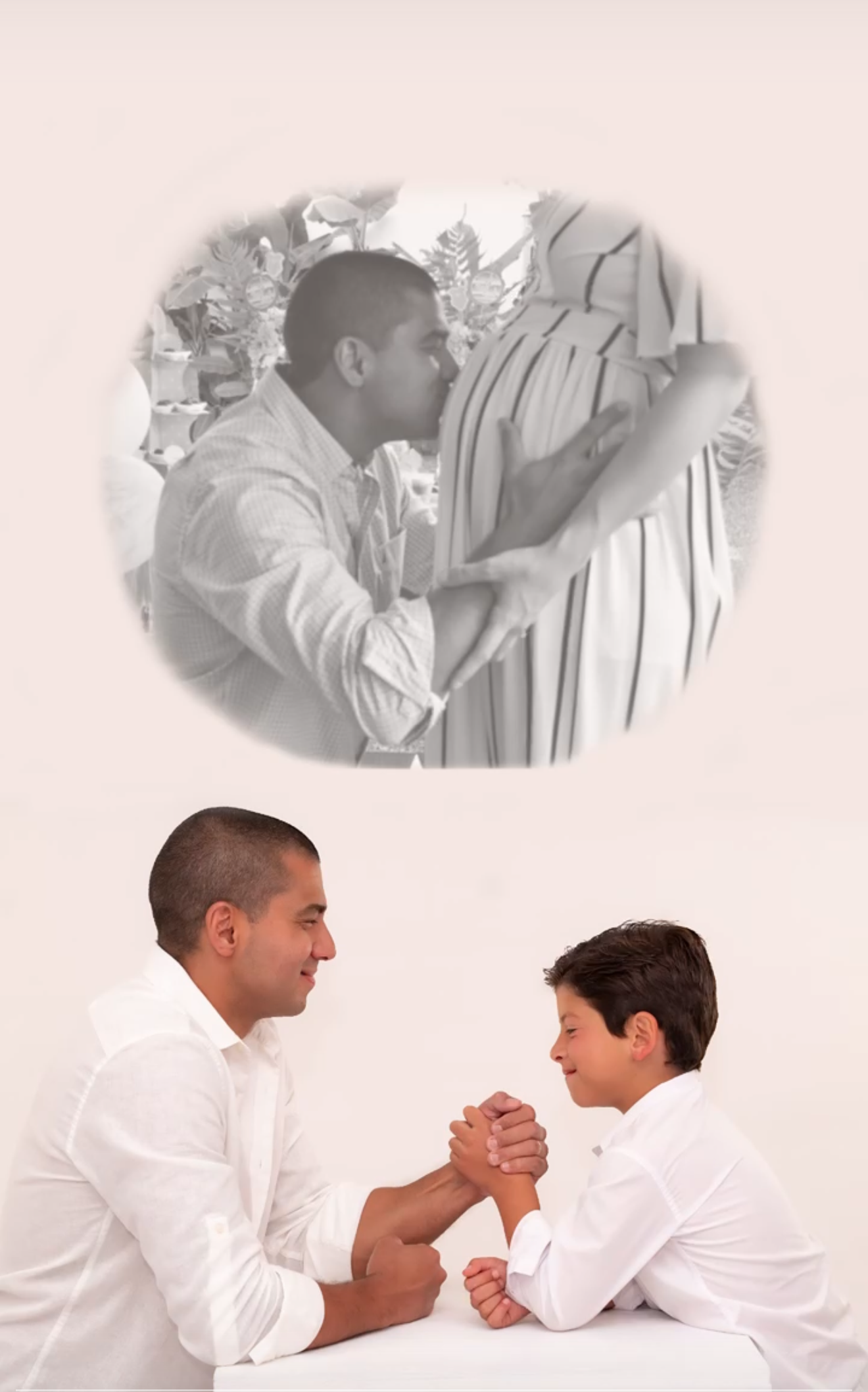 A man and boy arm wrestling in white shirts, with a faded oval inset of a man kissing a pregnant woman.