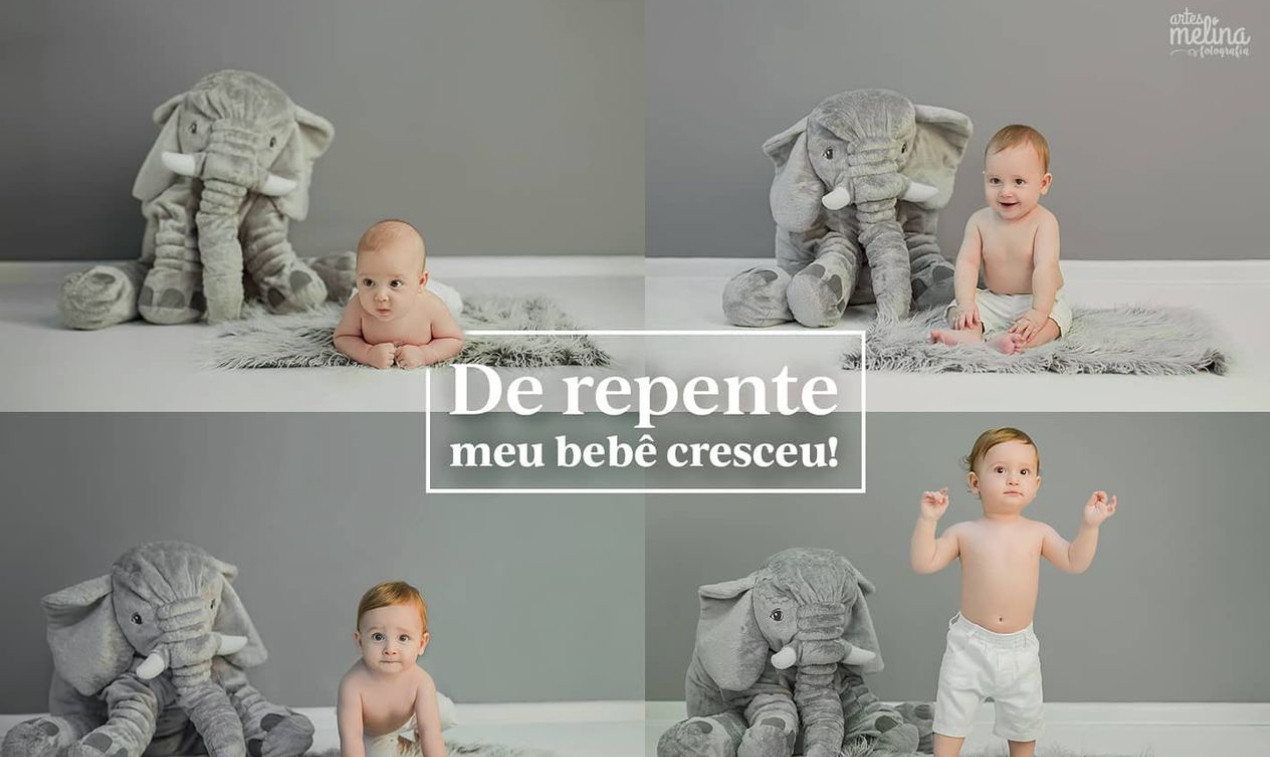 Four-panel photo collage showing a baby growing alongside a gray elephant stuffed animal, with Portuguese text De repente meu bebe cresceu.