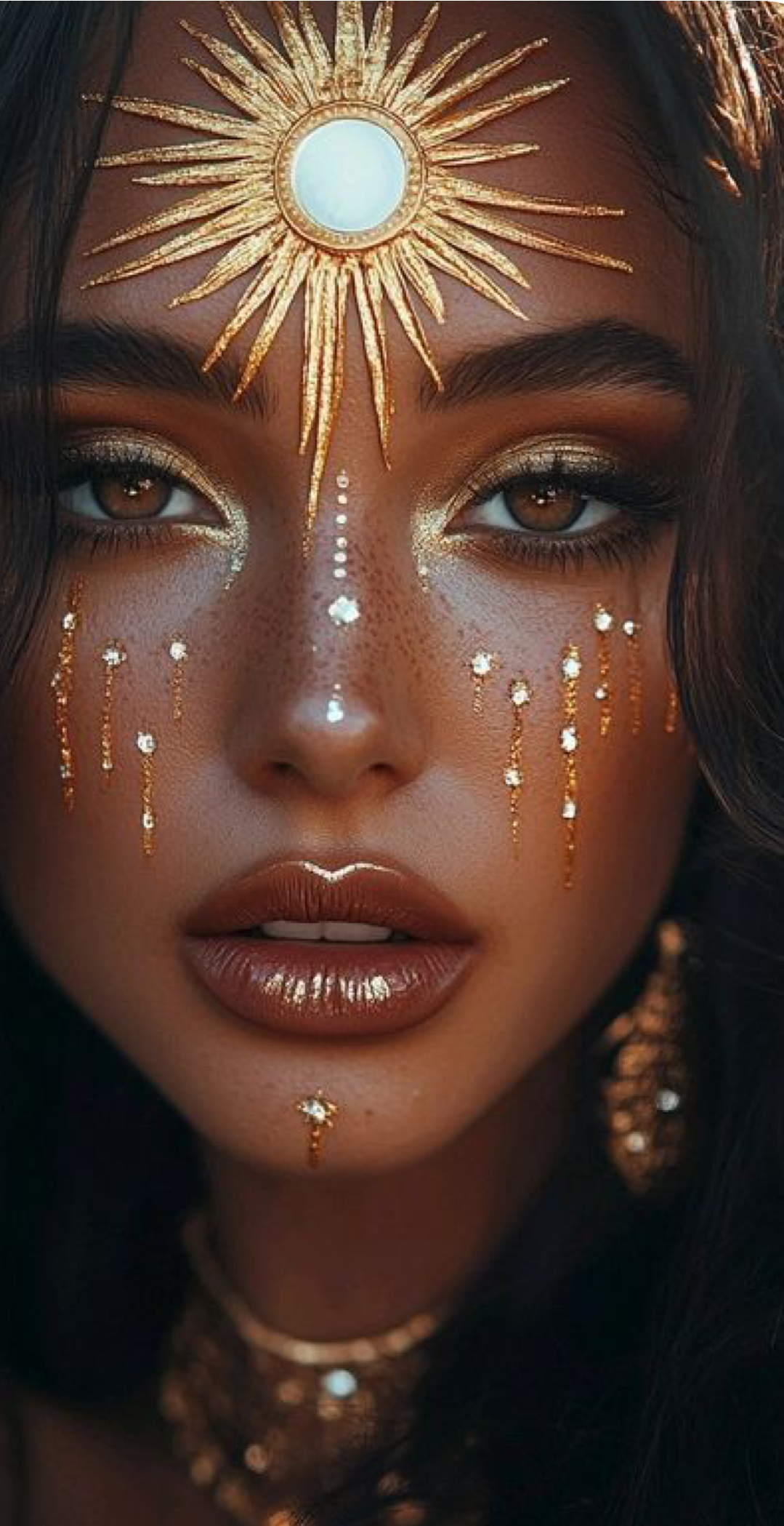Close-up portrait of a woman with golden sun face paint, glitter tears, and celestial makeup art on dark skin.