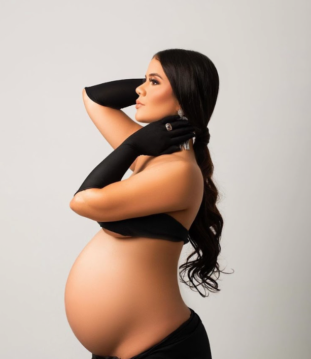 Artistic black and white maternity photo series showing silhouette of pregnant woman in profile against light background.