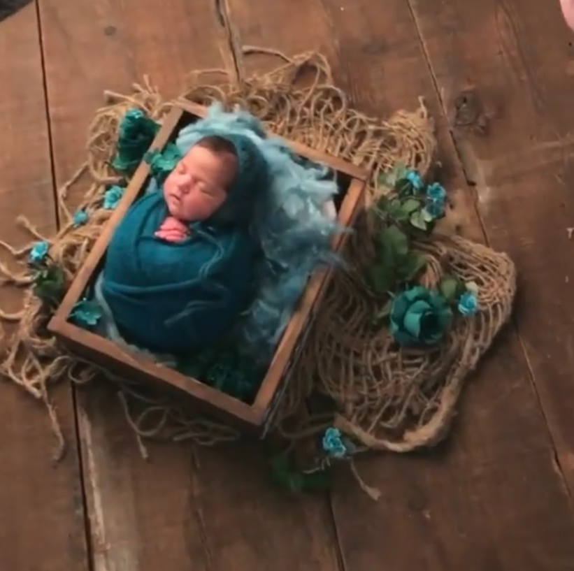 Newborn photography setup with teal blanket and rustic wooden backdrop in sequential shots.