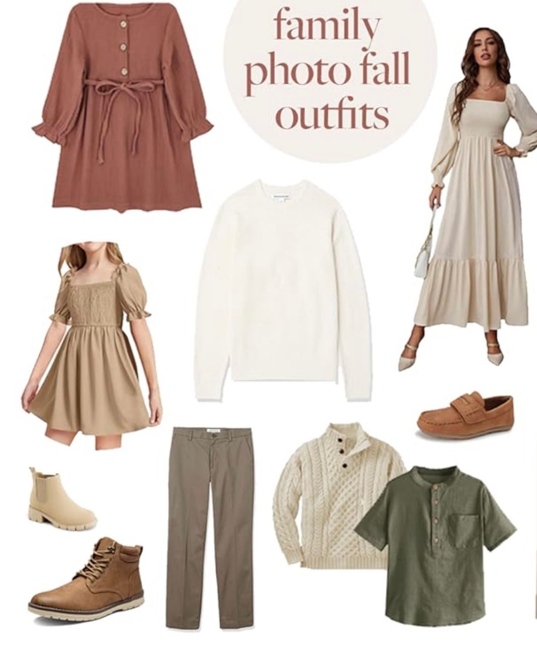 Neutral earth tone clothing collage featuring fall outfits with dresses, pants, boots and tops in beige, brown and olive colors.
