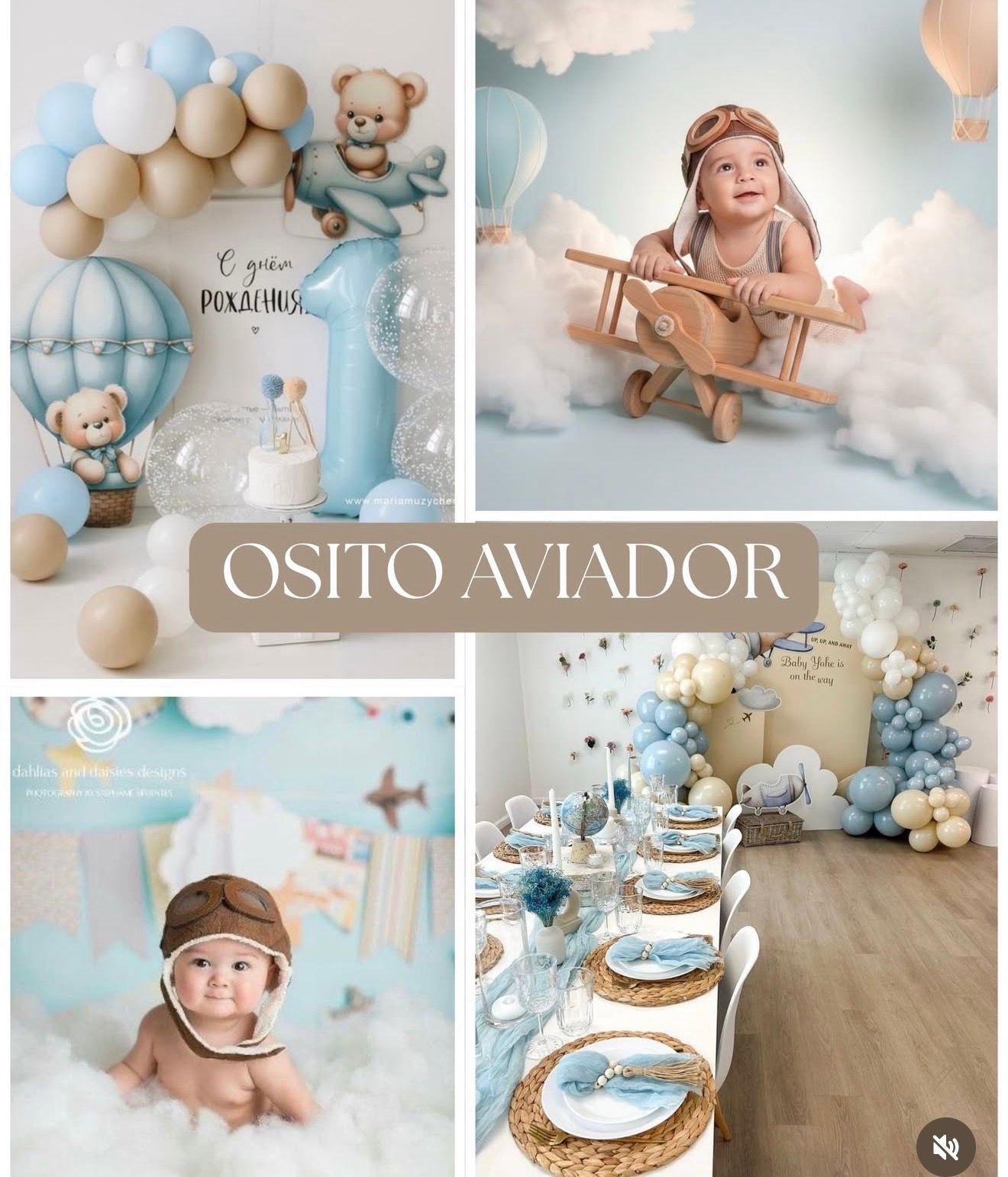 Vintage aviation themed baby photoshoot setup with blue and beige balloon garlands, teddy bears, and table settings.