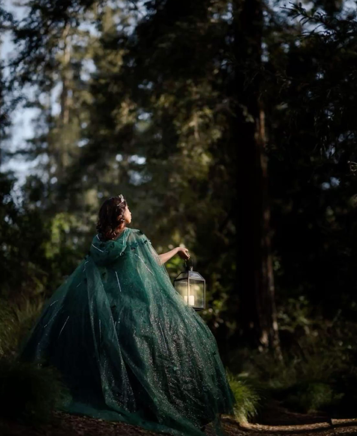 Woman in emerald green ballgown holding lantern in enchanted forest.