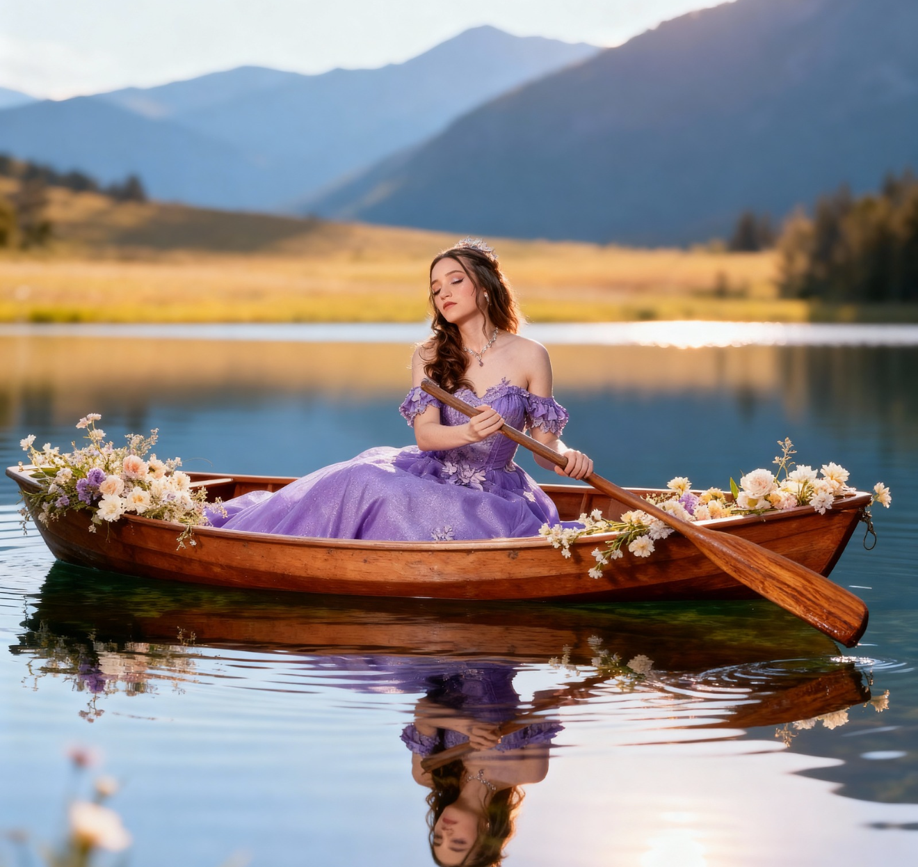 Woman in purple gown rowing a flower-adorned wooden boat on a calm mountain lake at sunset.