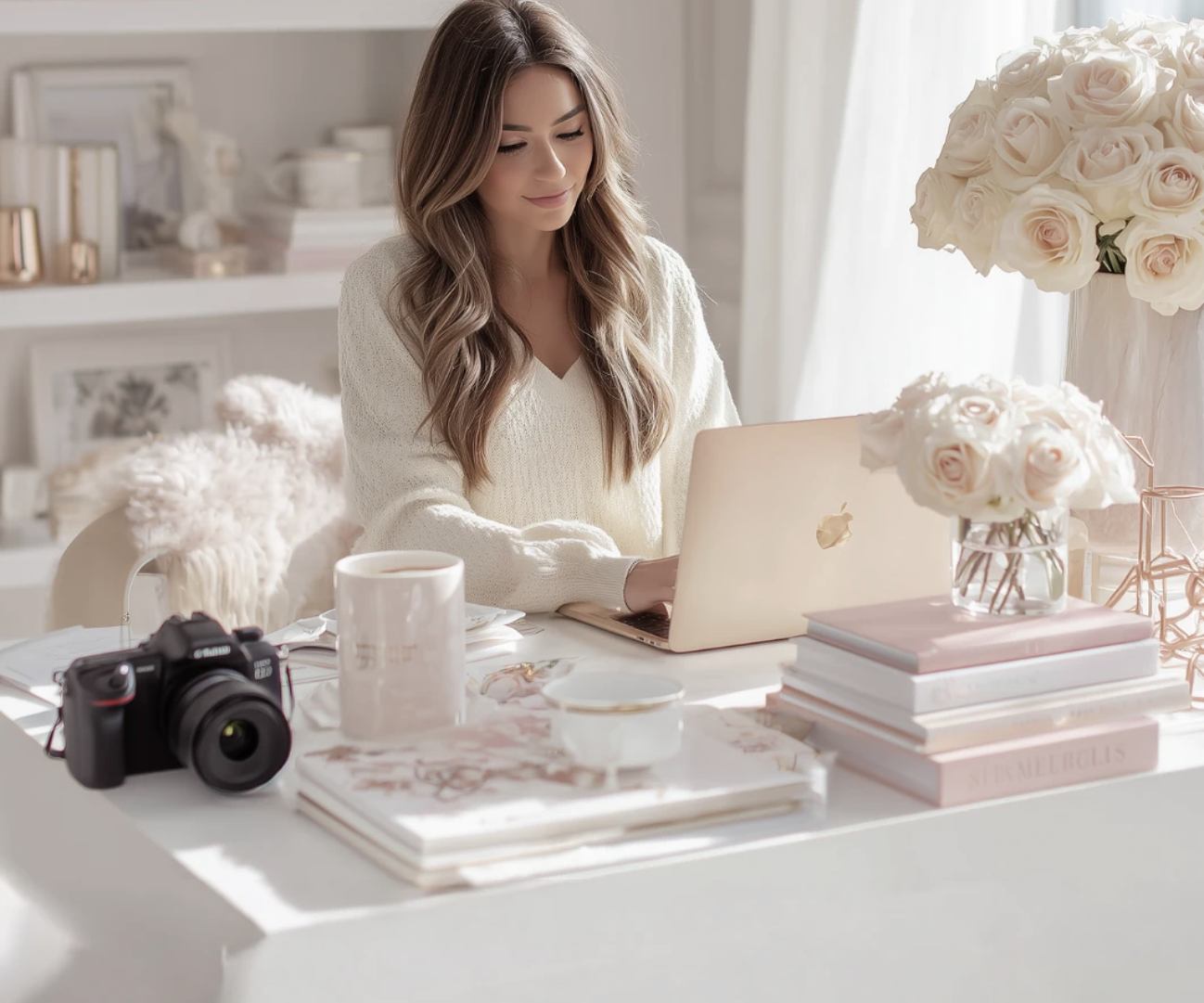 Woman in white sweater working on gold laptop at elegant desk with flowers, camera, and pink books in bright home office.