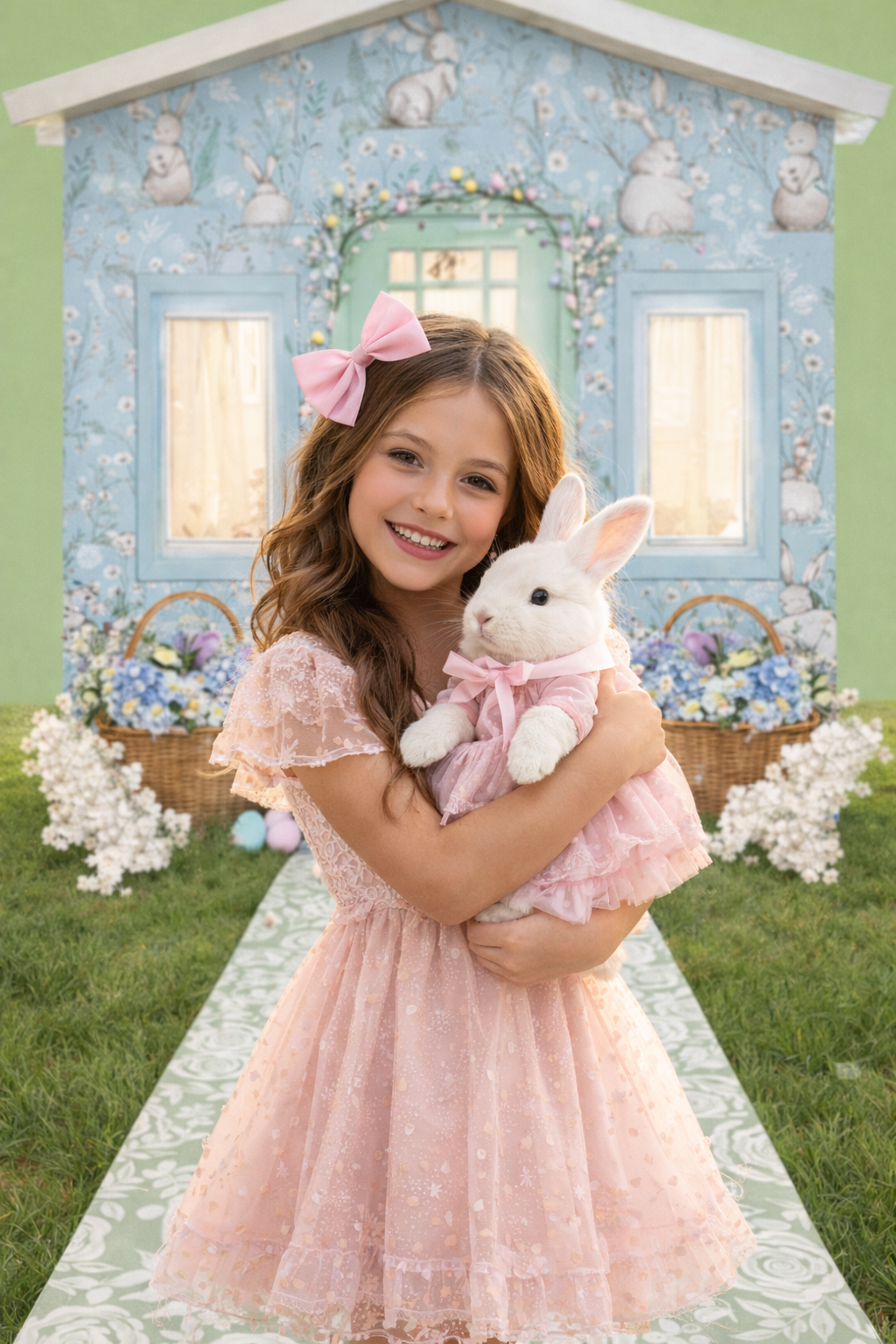 A whimsical Easter scene with a pink lace dress and white bunny plush against a blue floral backdrop.