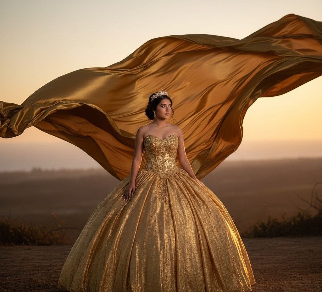 A woman in a stunning gold ball gown with flowing fabric billowing in the wind at sunset in a desert landscape.