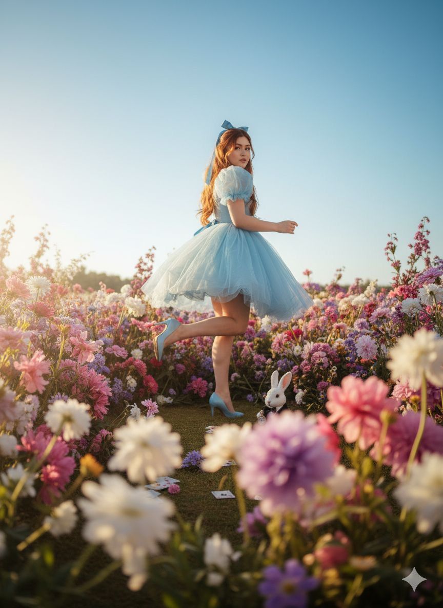 A girl in a blue Alice in Wonderland dress stands in a colorful flower field with a white rabbit nearby.
