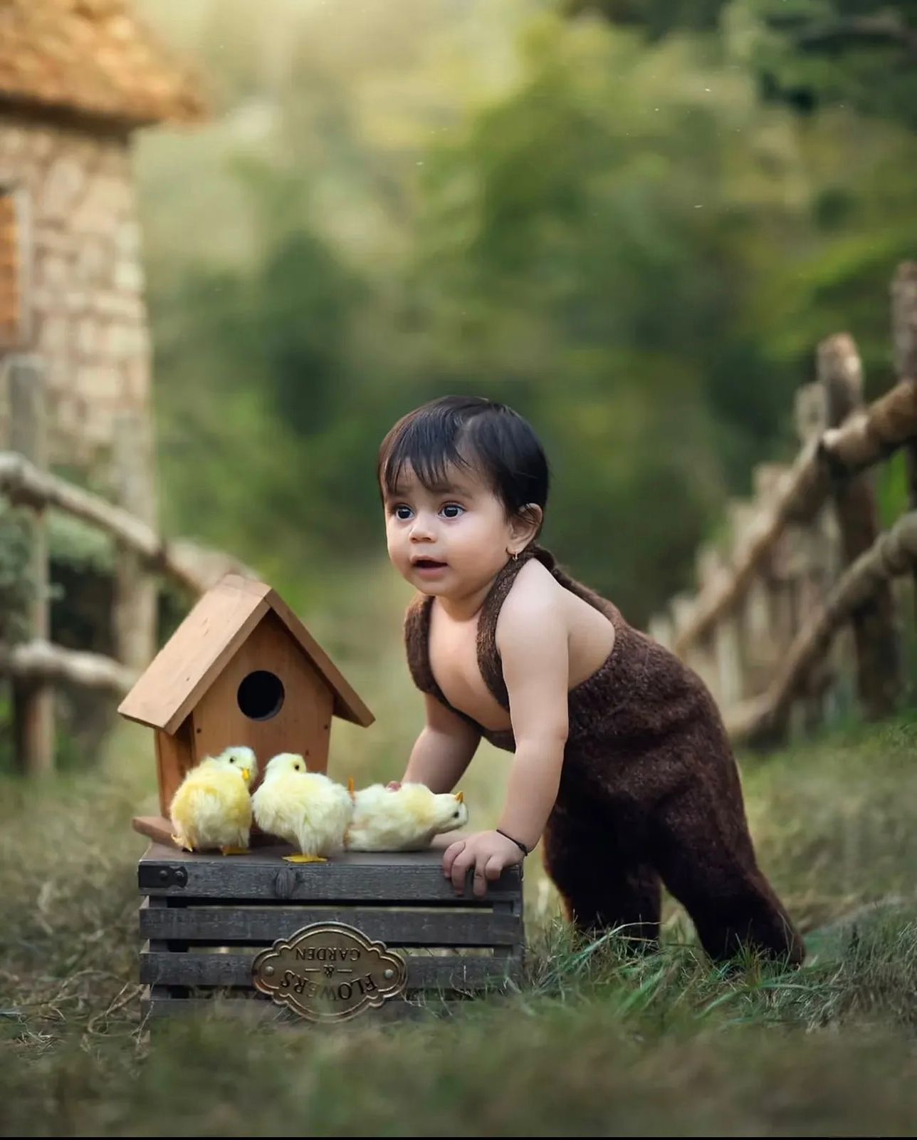 Cute baby in brown romper playing with yellow chicks and wooden birdhouse in a rustic outdoor garden setting.