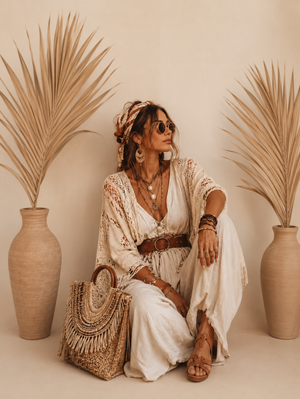 Boho woman in white lace outfit, brown belt, woven bag, sitting between tall terracotta vases with dried palm leaves.