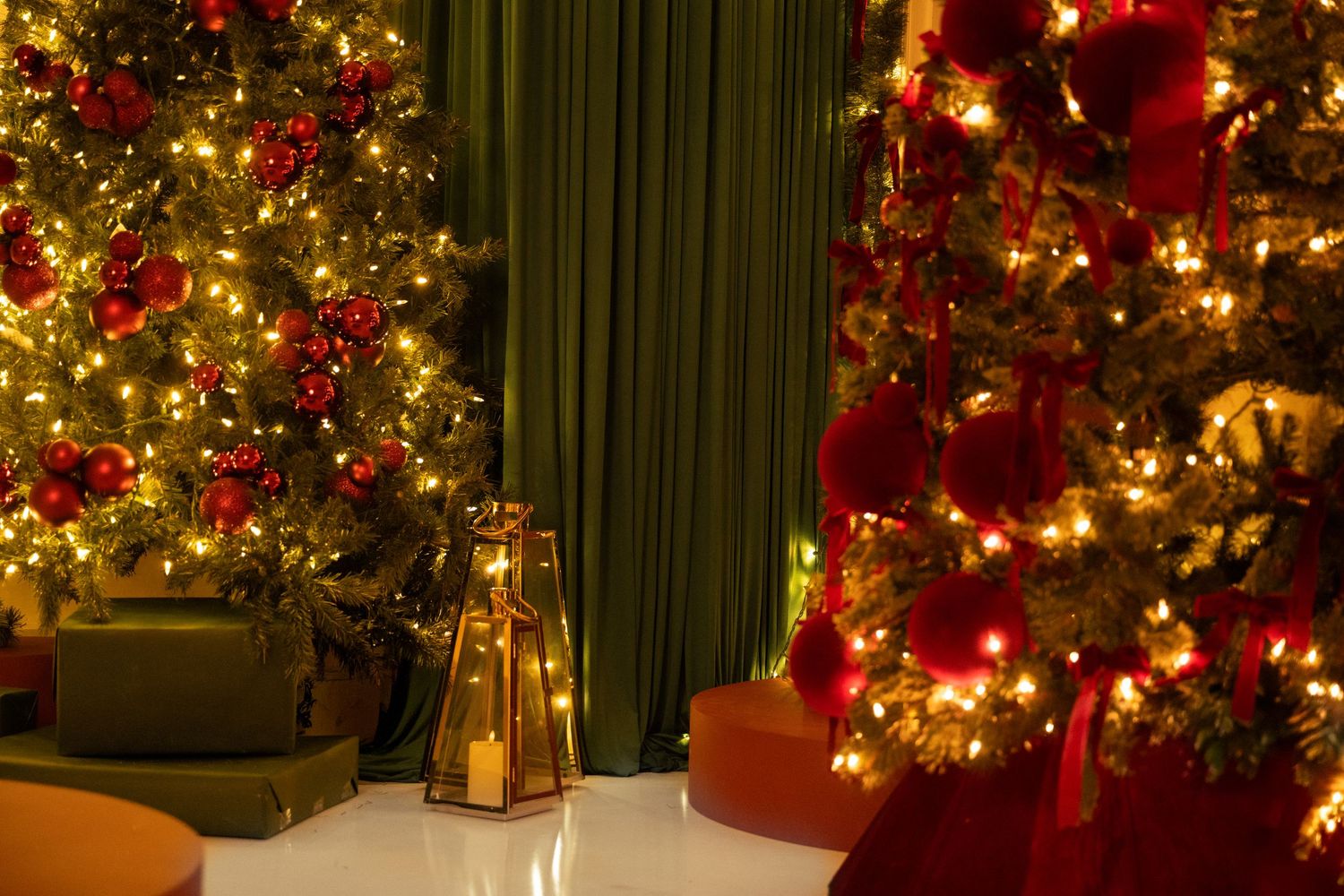 A series of Christmas tree photos showing twinkling lights and festive decorations in warm, cozy indoor settings.