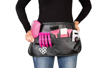 Black neoprene fanny pack with pink accents worn around waist showing different angles and carrying positions.