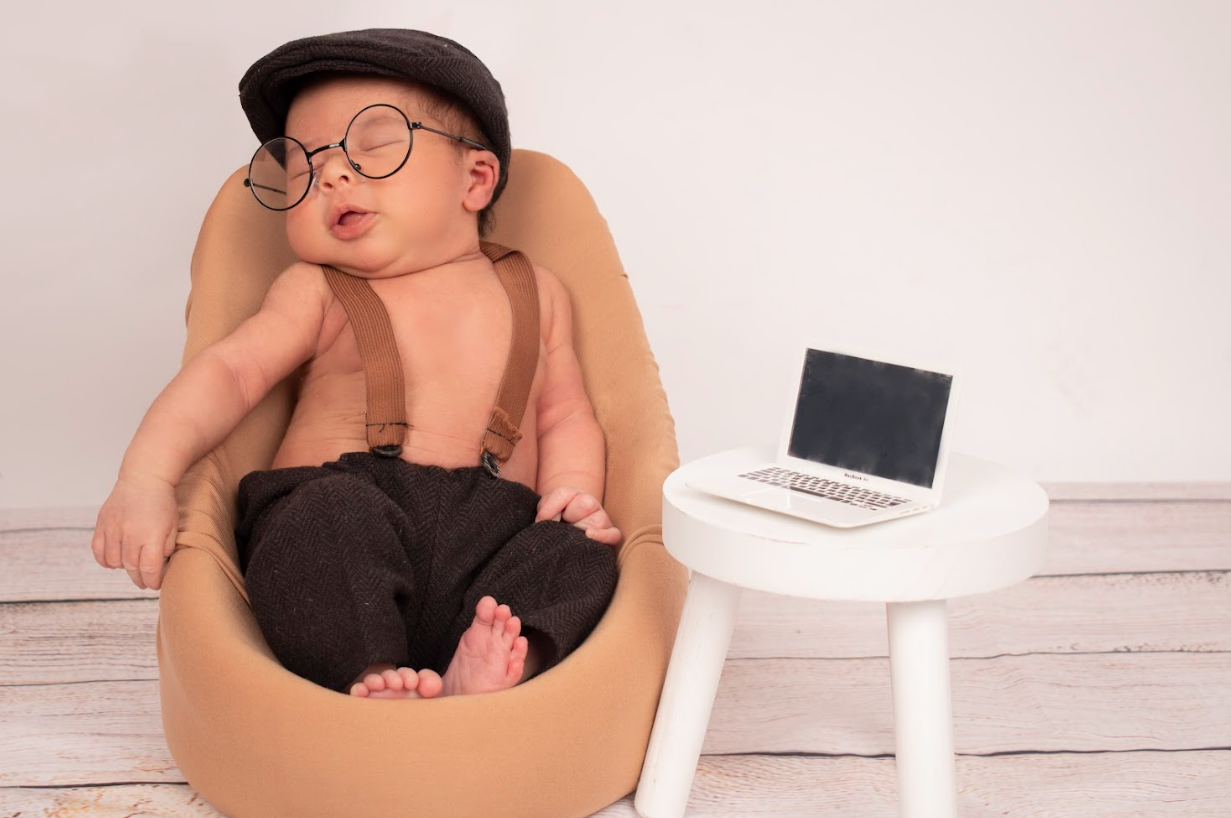 Professional newborn portrait series showing baby resting in various poses with neutral backgrounds.