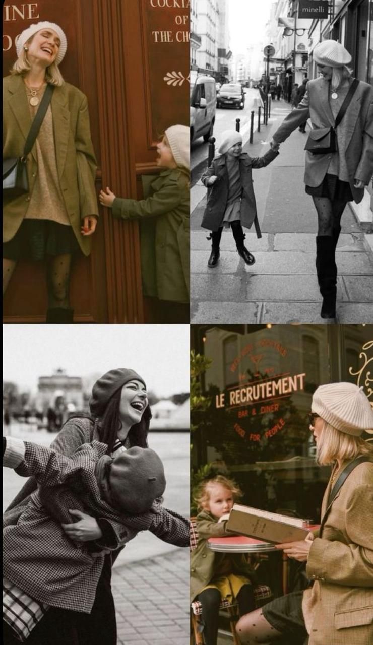 A collection of vintage-style black and white and color photographs showing candid moments and laughter on city streets.