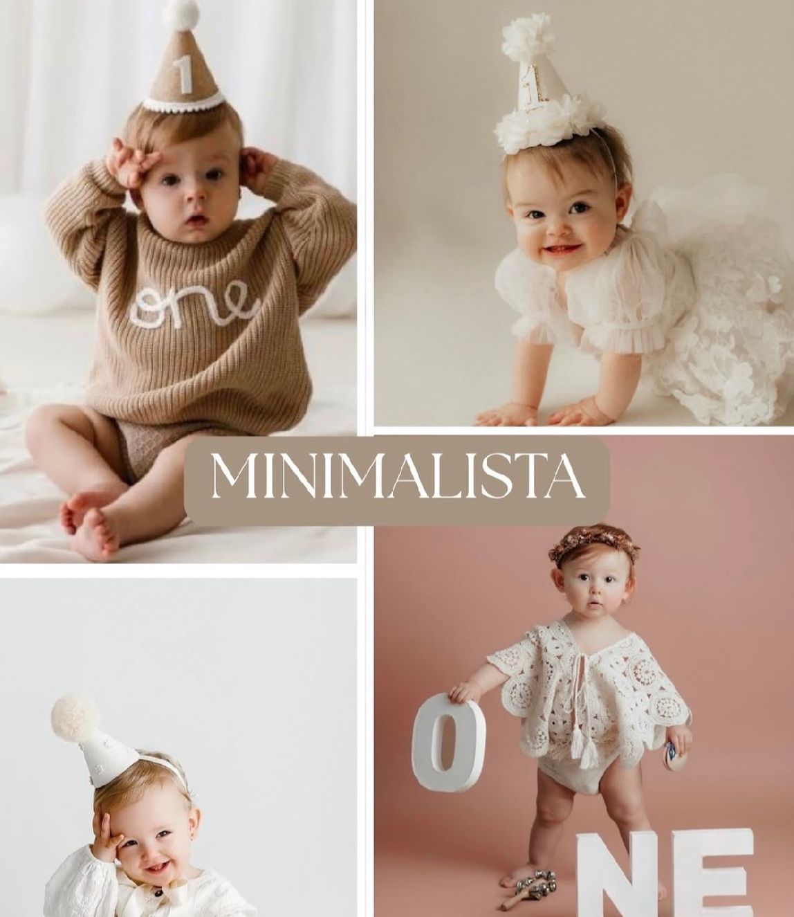 A collection of soft neutral-toned baby photos featuring clothing, accessories, and nursery items in a minimalist style.