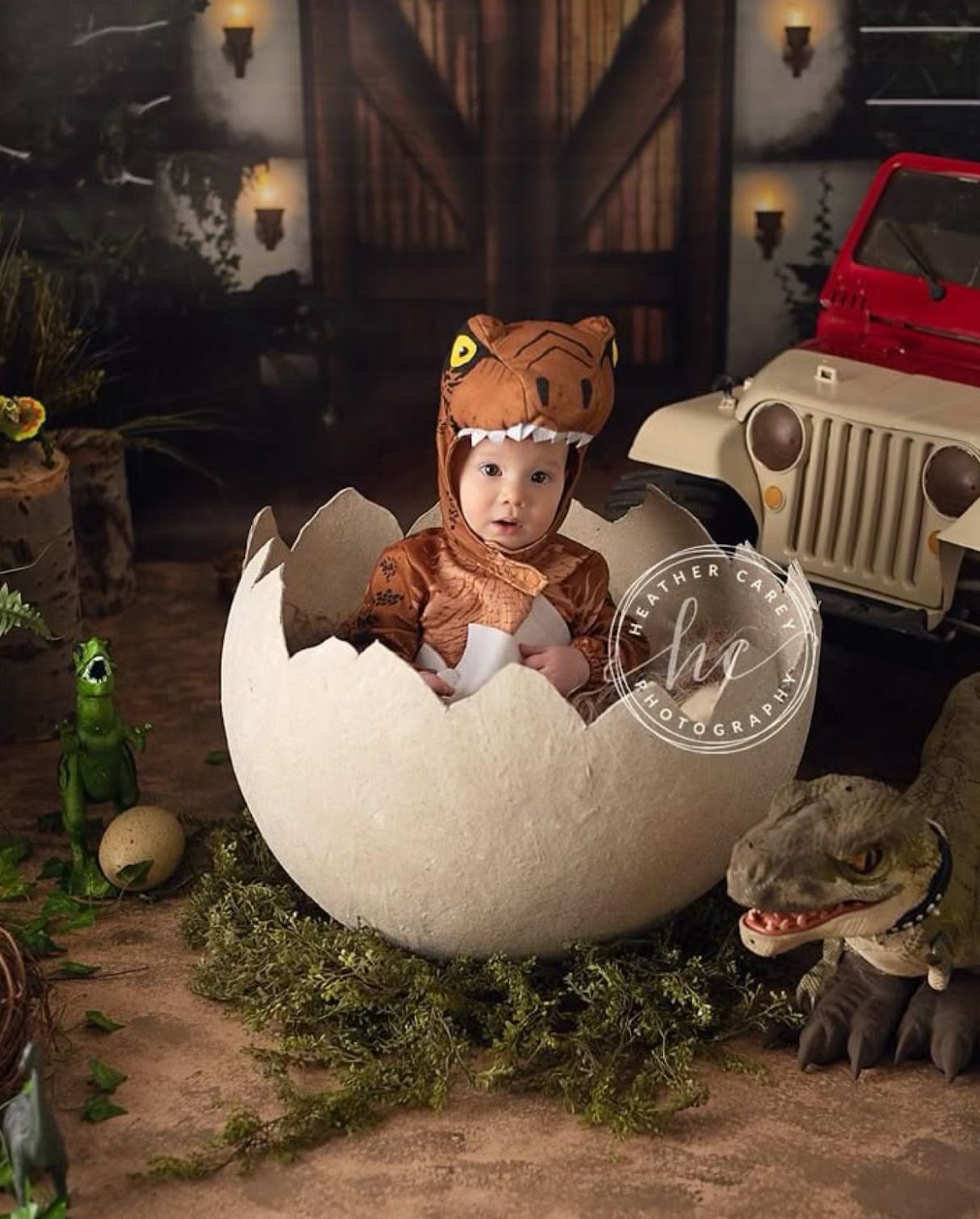 A series of photos showing a baby doll emerging from a large cracked egg prop with plush animals in a dimly lit setting.