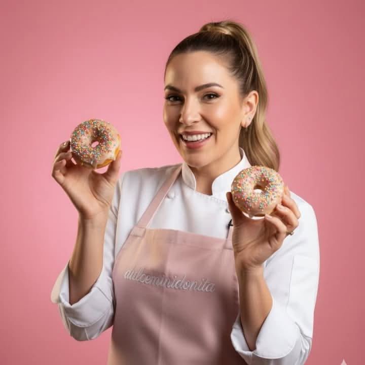 A smiling female pastry chef in a white coat and pink apron holds two frosted donuts against a pink background.