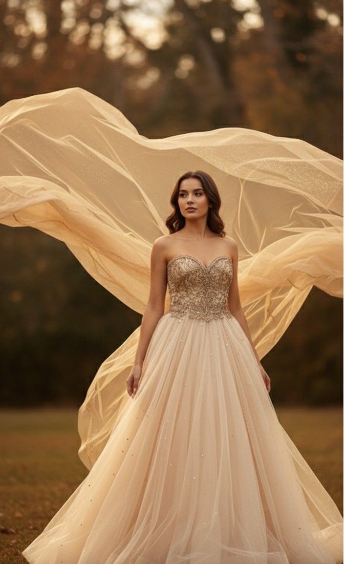 Woman in gold beaded strapless ballgown with flowing tulle fabric billowing in the wind outdoors.