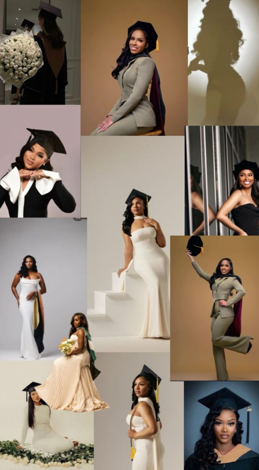 A graduation photo collage featuring someone in a white dress and cap posing in various celebratory poses with flowers.