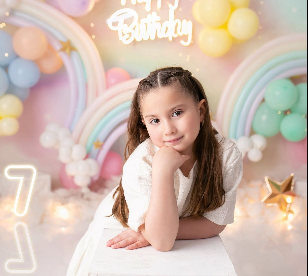 A festive pastel birthday party scene with twinkling lights, balloons, and soft decorative elements creating a dreamy atmosphere.