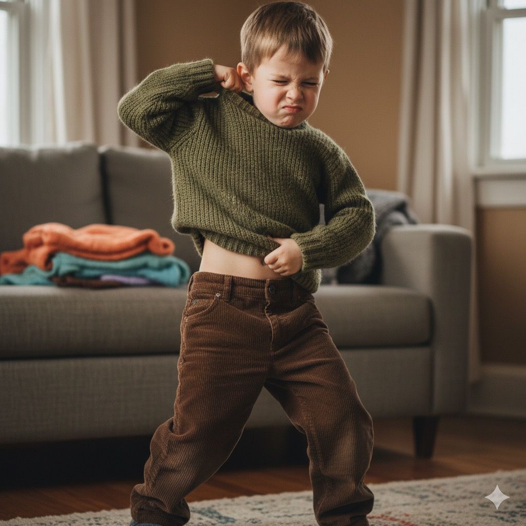 Small child in olive green sweater and brown pants dancing playfully in a living room with gray couch.