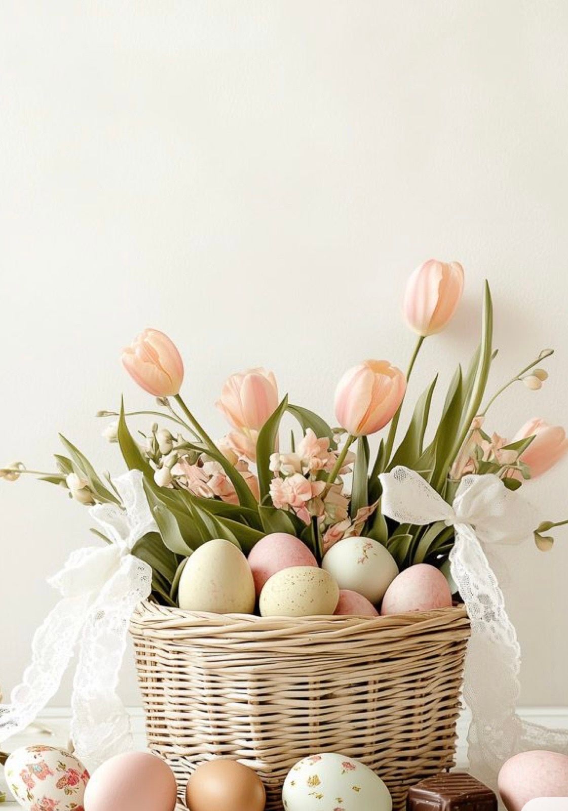 A woven basket filled with pastel Easter eggs and delicate pink tulips against a light neutral background.
