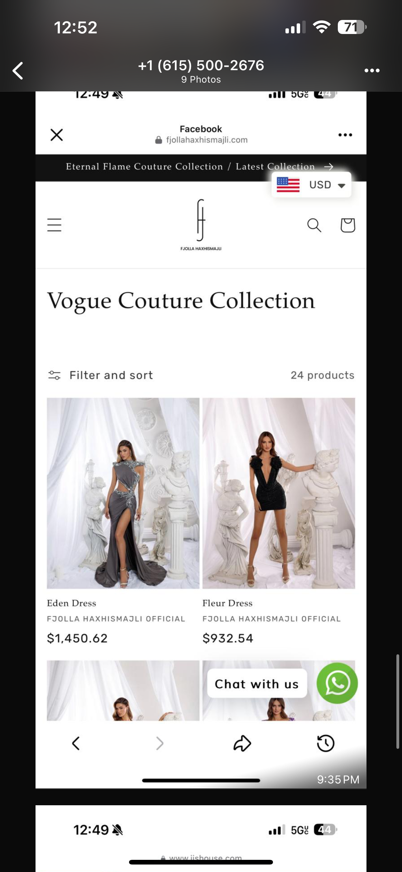 Screenshot of Fjolla Haxhismajli Vogue Couture Collection webpage showing Eden and Fleur dresses priced at $1,450 and $932.