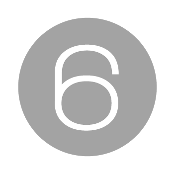 Gray circle icon with white number 6 centered, minimalist design for numbering or step indicators.