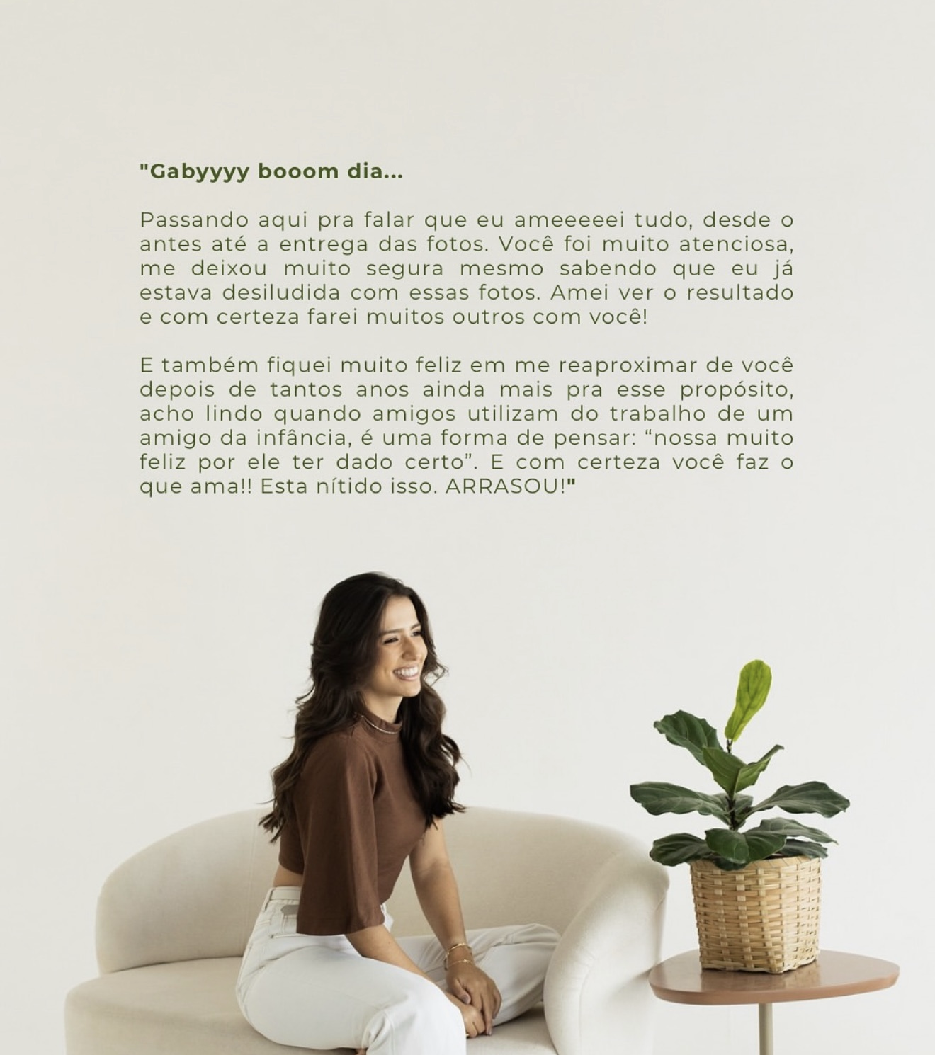 A smiling woman sits on a white sofa beside a plant, next to a glowing client testimonial about photography services.
