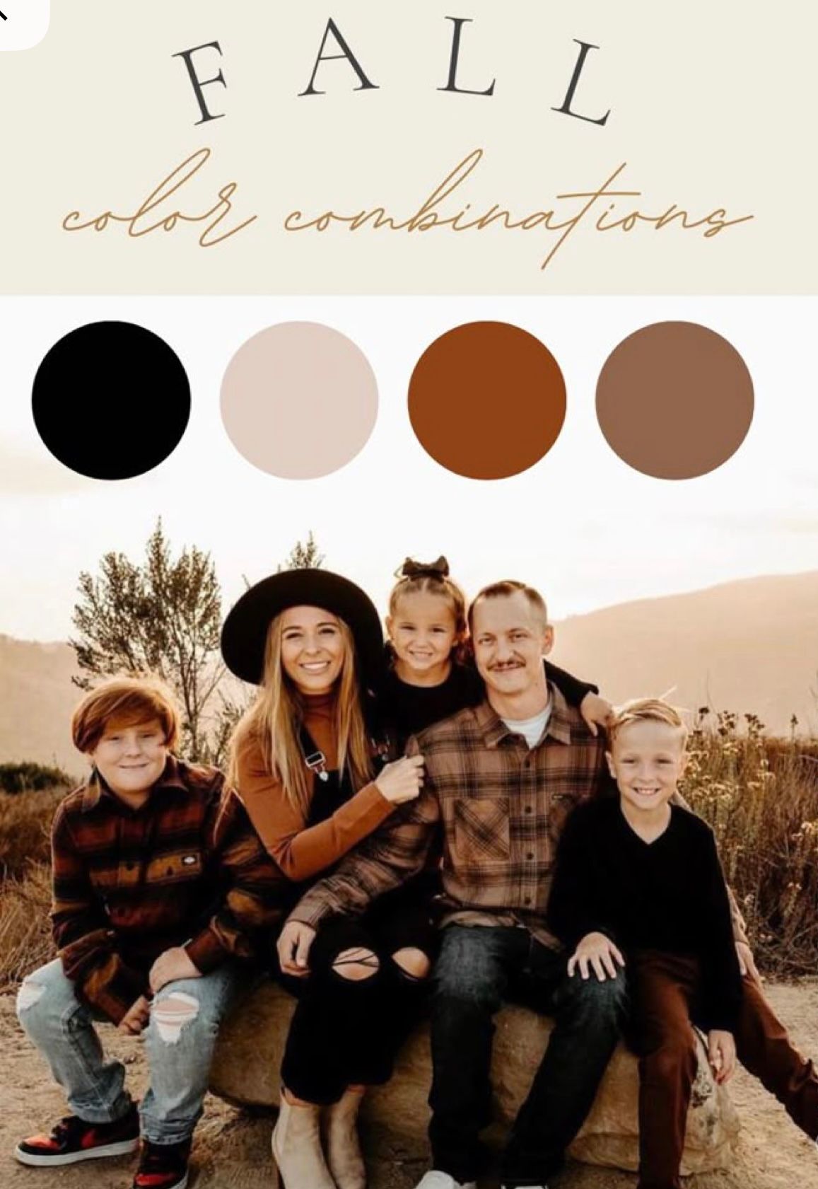 A group wearing warm autumn clothing poses for outdoor family photos with a muted brown color palette.