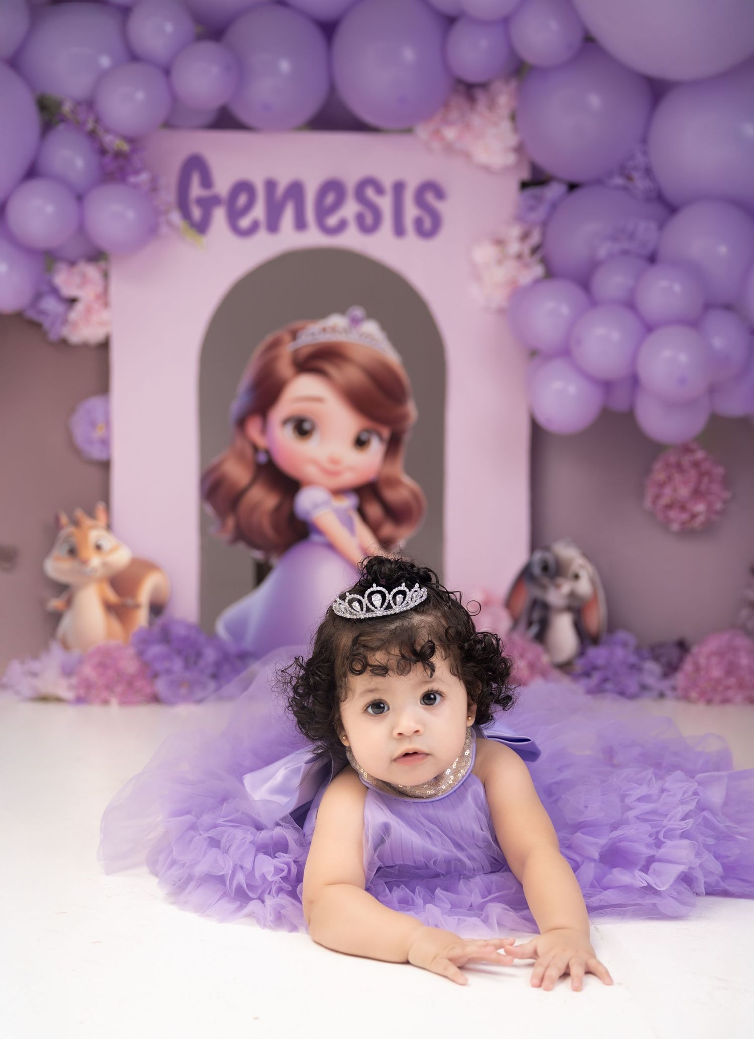Baby girl in purple tutu dress and tiara poses before Sofia the First themed birthday backdrop named Genesis.