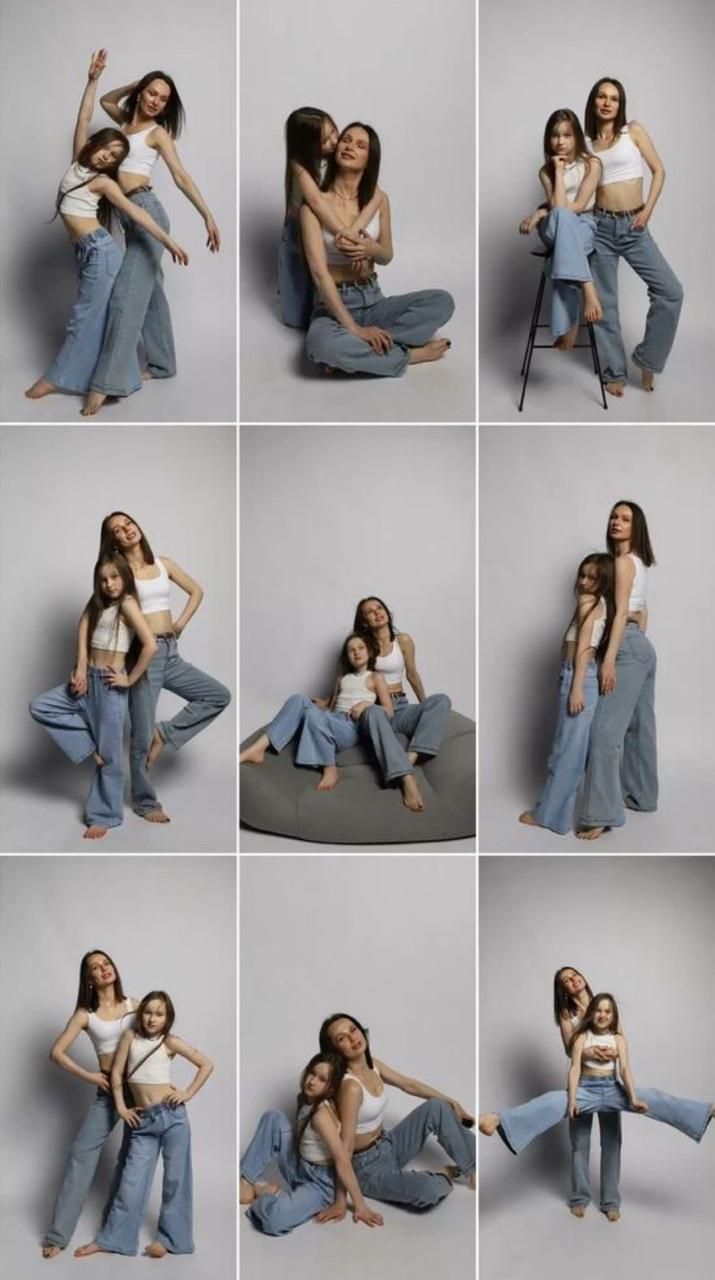 Studio photoshoot sequence showing dynamic poses and interactions against a gray background in casual denim outfits.