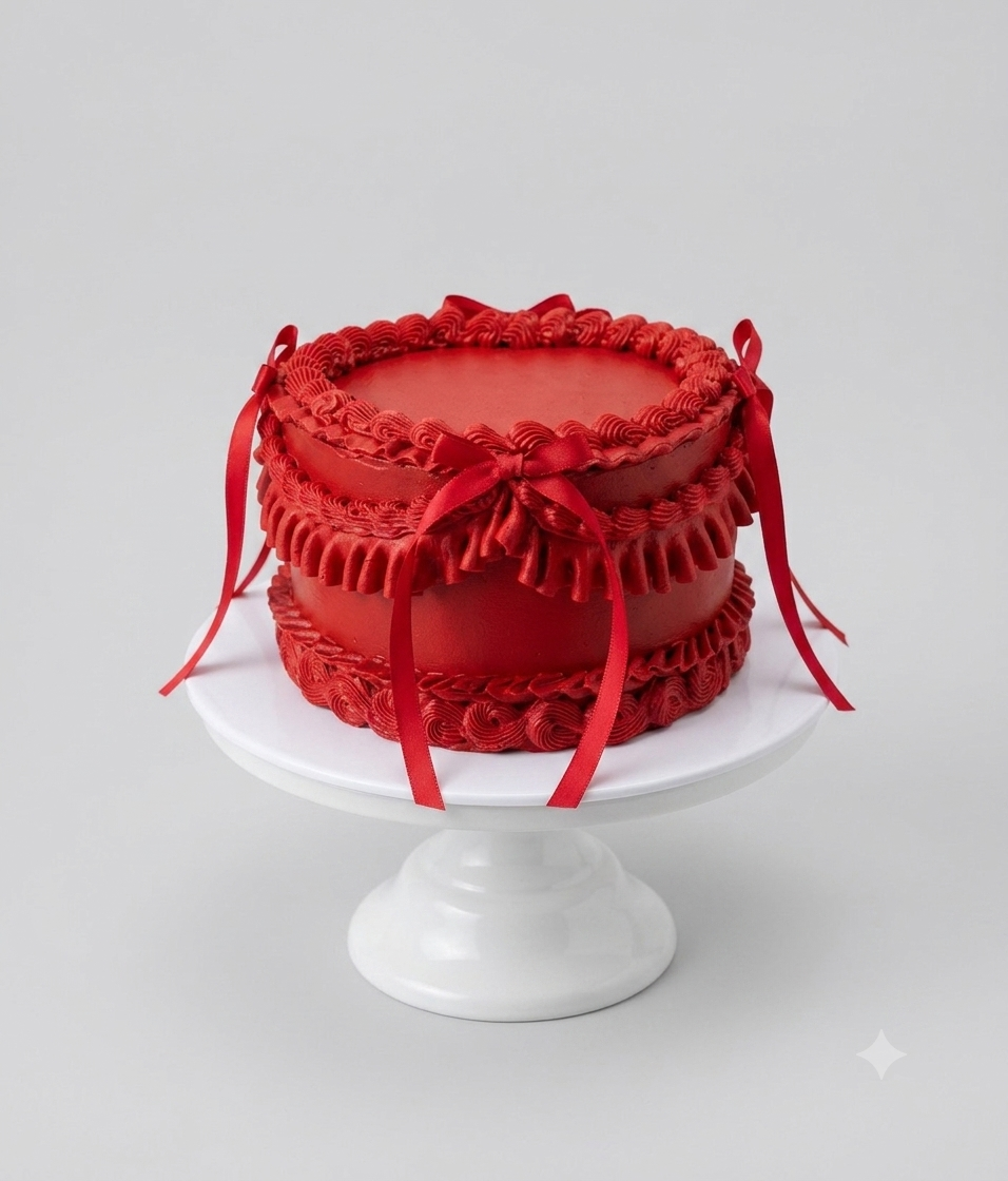 Elegant red velvet cake with ruffled frosting and ribbon bows on a white pedestal stand.